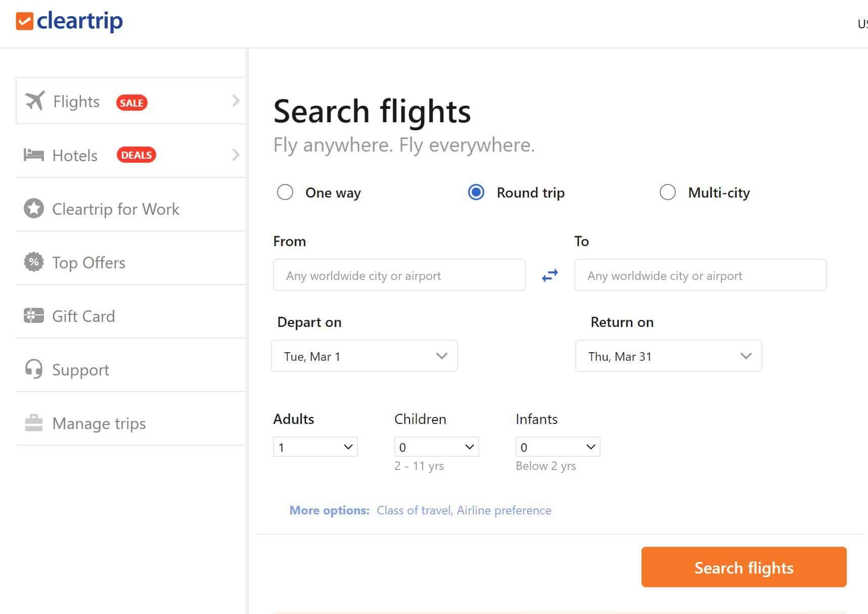 Cleartrip función de búsqueda de vuelos.